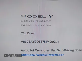 2022 Tesla Model Y Long Range with VIN 7SAYGDEE7NF409294, listed as a IAAI auction lot 41845261 with 73,116 mi miles and . Bid and sale history available at DreamBid. Image 15.