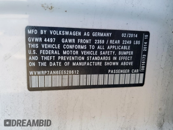 2014 Volkswagen CC Lux with VIN WVWRP7AN6EE528612, listed as a Copart auction lot 84805884 with 92,024 mi miles and Salvage Title. Bid and sale history available at carsss.com. Image 12.