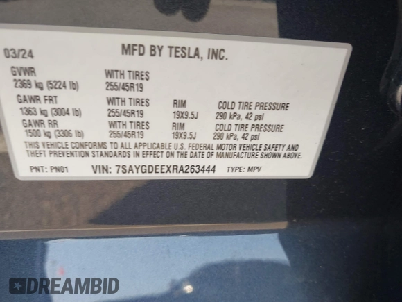 2024 Tesla Model Y Long Range z VIN 7SAYGDEEXRA263444, wystawiony jako IAAI lot #40199252 z przebiegiem 9 540 mil mil oraz . Historia ofert i sprzedaży dostępna na DreamBid. Obrazek 9.