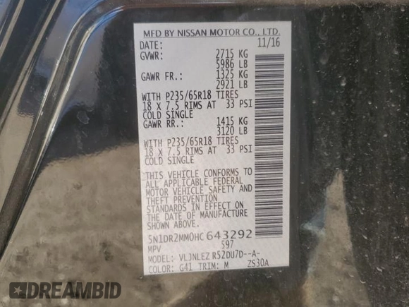 2017 Nissan Pathfinder SV with VIN 5N1DR2MM0HC643292, listed as a Copart auction lot 49462315 with 100,389 mi miles and Clean Title. Bid and sale history available at carsss.com. Image 13.