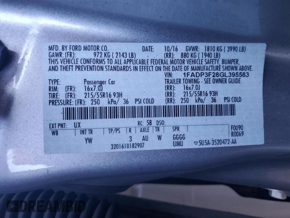 2016 Ford Focus SE with VIN 1FADP3F28GL395583, listed as a Copart auction lot 48523415 with 41,996 mi miles and Salvage Title. Bid and sale history available at DreamBid. Image 14.