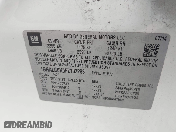 2015 Chevrolet Equinox LT with VIN 1GNALCEK5FZ102283, listed as a IAAI auction lot 42000902 with 300,059 mi miles. Bid and sale history available at carsss.com. Image 9.