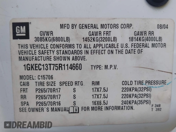 2005 GMC Yukon SLT z VIN 1GKEC13T75R114660, wystawiony jako IAAI lot #42223845 z przebiegiem 199 064 mil mil oraz . Historia ofert i sprzedaży dostępna na DreamBid. Obrazek 9.