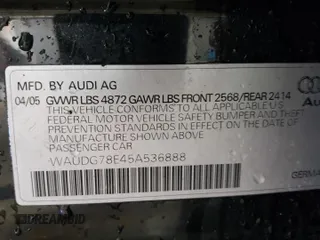 2005 Audi A4 3.2L z VIN WAUDG78E45A536888, wystawiony jako Copart lot #58837565 z przebiegiem 175 980 mil mil oraz Szkoda całkowita • Salvage title. Historia ofert i sprzedaży dostępna na DreamBid. Obrazek 12.