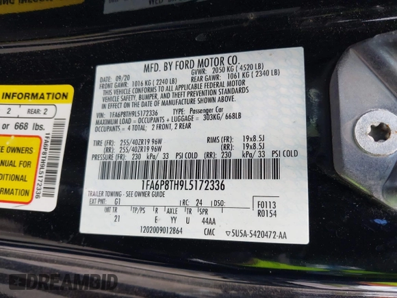 2020 Ford Mustang EcoBoost with VIN 1FA6P8TH9L5172336, listed as a IAAI auction lot 42488099 with 42,773 mi miles and . Bid and sale history available at DreamBid. Image 9.