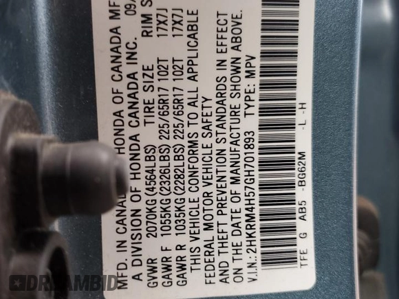 2016 Honda CR-V EX with VIN 2HKRM4H57GH701893, listed as a Copart auction lot 50923255 with 122,004 mi miles and Salvage Title. Bid and sale history available at DreamBid. Image 12.