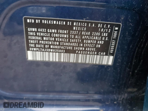2013 Volkswagen Jetta TDI w/Sunroof & Nav с VIN 3VWPL7AJ3DM635803, выставлен на аукционе Copart как лот 45027775 с пробегом 169 235 миль миль и Списание • Salvage title. История ставок и продаж доступна на DreamBid. Изображение 12.
