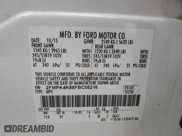 2015 Ford Edge Titanium z VIN 2FMPK4K88FBC05216, wystawiony jako Copart lot #56523475 z przebiegiem 156 558 mil mil oraz Szkoda całkowita • Salvage title. Historia ofert i sprzedaży dostępna na DreamBid. Obrazek 13.