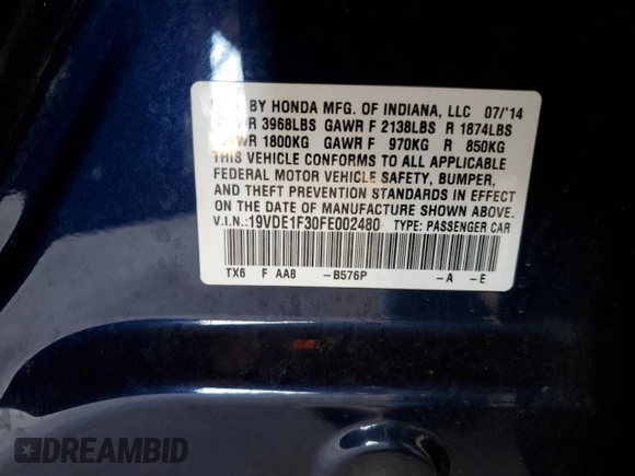 2015 Acura ILX with VIN 19VDE1F30FE002480, listed as a Copart auction lot 54604655 with 85,844 mi miles and Salvage title. Bid and sale history available at DreamBid. Image 12.