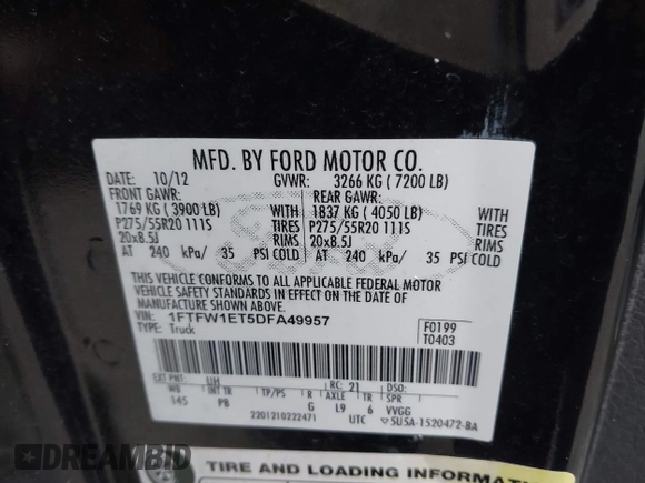 2013 Ford F-150 XL with VIN 1FTFW1ET5DFA49957, listed as a IAAI auction lot 41734397 with 265,121 mi miles. Bid and sale history available at carsss.com. Image 9.