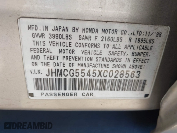 1999 Honda Accord LX with VIN JHMCG5545XC028563, listed as a IAAI auction lot 42461054 with 212,100 mi miles and . Bid and sale history available at DreamBid. Image 9.