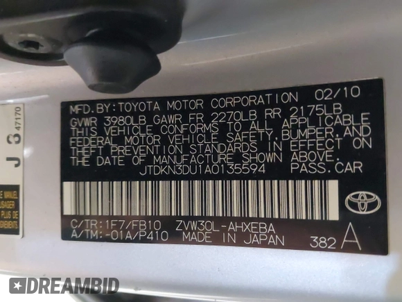 2010 Toyota Prius II with VIN JTDKN3DU1A0135594, listed as a IAAI auction lot 41940822 with 206,410 mi miles. Bid and sale history available at carsss.com. Image 9.