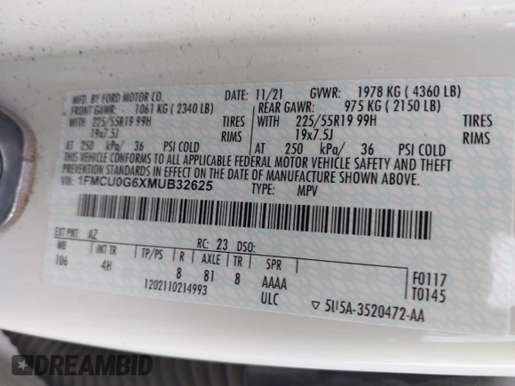 2021 Ford Escape SE z VIN 1FMCU0G6XMUB32625, wystawiony jako IAAI lot #42279918 z przebiegiem 93 646 mil mil oraz . Historia ofert i sprzedaży dostępna na DreamBid. Obrazek 9.