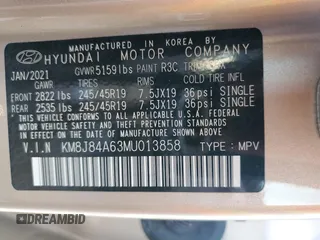 2021 Hyundai NEXO Limited z VIN KM8J84A63MU013858, wystawiony jako Copart lot #84966394 z przebiegiem 42 127 mil mil oraz Szkoda całkowita • Salvage title. Historia ofert i sprzedaży dostępna na DreamBid. Obrazek 13.