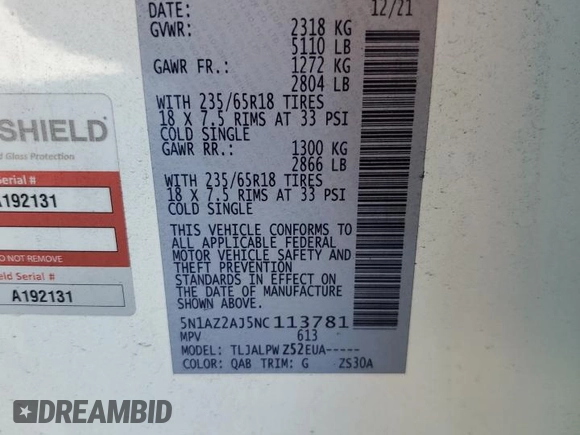 2022 Nissan Murano S with VIN 5N1AZ2AJ5NC113781, listed as a Copart auction lot 80517664 with 25,683 mi miles and Clean Title. Bid and sale history available at DreamBid. Image 14.