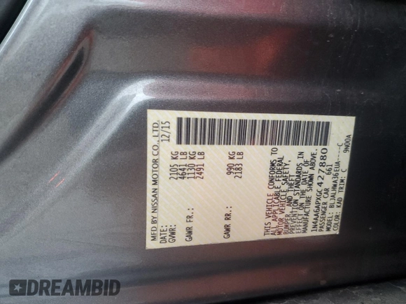 2016 Nissan Maxima SR с VIN 1N4AA6APXGC427880, выставлен на аукционе Copart как лот 58824935 с пробегом 144 050 миль миль и Списание • Salvage title. История ставок и продаж доступна на DreamBid. Изображение 12.