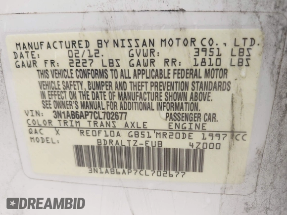 2012 Nissan Sentra 2.0 with VIN 3N1AB6AP7CL702677, listed as a IAAI auction lot 42134487 with 183,123 mi miles and . Bid and sale history available at DreamBid. Image 9.