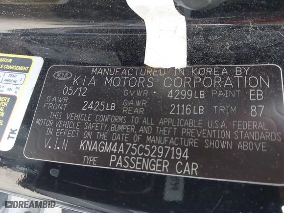 2012 Kia Optima LX with VIN KNAGM4A75C5297194, listed as a IAAI auction lot 41816301 with 119,064 mi miles. Bid and sale history available at carsss.com. Image 9.