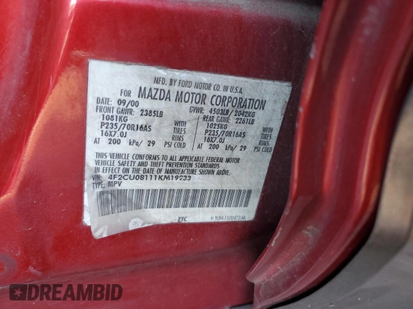 2001 Mazda Tribute LX with VIN 4F2CU08111KM19933, listed as a Copart auction lot 81174614 with 209,736 mi miles and Salvage Title. Bid and sale history available at DreamBid. Image 15.