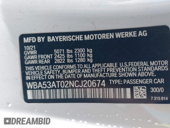 2022 BMW 4 Series M440i with VIN WBA53AT02NCJ20674, listed as a IAAI auction lot 41200398 with 28,235 mi miles and . Bid and sale history available at DreamBid. Image 9.
