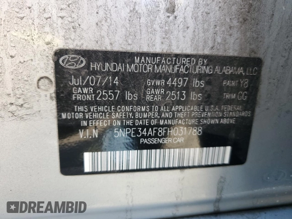2015 Hyundai Sonata Limited with VIN 5NPE34AF8FH031788, listed as a Copart auction lot 54915995 with 91,722 mi miles and Salvage Title. Bid and sale history available at DreamBid. Image 12.