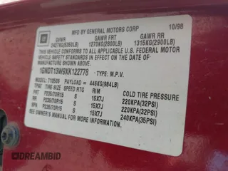 1999 Chevrolet Blazer LS с VIN 1GNDT13W9XK122778, выставлен на аукционе IAAI как лот 42647297 с пробегом 213 088 миль миль и . История ставок и продаж доступна на DreamBid. Изображение 9.