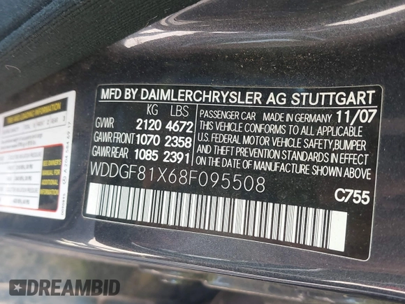 2008 Mercedes-Benz C 300 Sport with VIN WDDGF81X68F095508, listed as a IAAI auction lot 42520553 with 133,698 mi miles and . Bid and sale history available at DreamBid. Image 9.