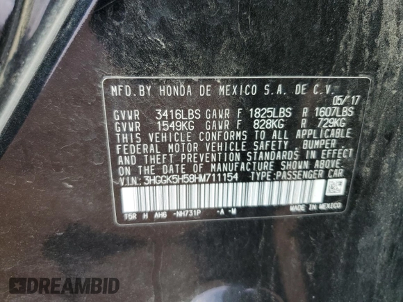 2017 Honda Fit LX with VIN 3HGGK5H58HM711154, listed as a Copart auction lot 52015615 with 113,055 mi miles and Salvage Title. Bid and sale history available at carsss.com. Image 12.