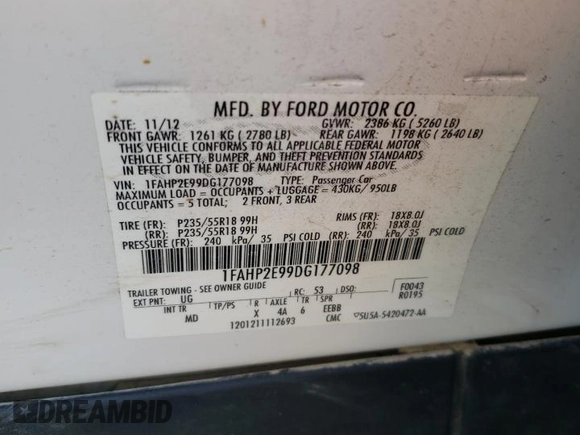 2013 Ford Taurus SEL with VIN 1FAHP2E99DG177098, listed as a Copart auction lot 67969594 with 299,065 mi miles and Salvage Title. Bid and sale history available at carsss.com. Image 12.