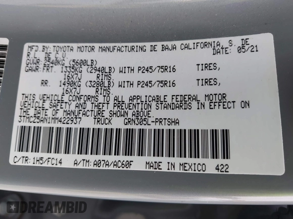 2021 Toyota Tacoma SR z VIN 3TMCZ5AN1MM422937, wystawiony jako IAAI lot #42067866 z przebiegiem 33 232 mil mil oraz . Historia ofert i sprzedaży dostępna na DreamBid. Obrazek 9.
