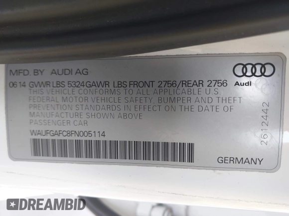 2015 Audi A6 Premium Plus with VIN WAUFGAFC8FN005114, listed as a IAAI auction lot 41808681 with Not provided miles and . Bid and sale history available at DreamBid. Image 9.