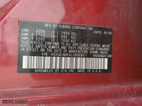2020 Subaru Impreza Sport with VIN 4S3GKAM64L3606661, listed as a Copart auction lot 75807884 with 43,539 mi miles and Salvage Title. Bid and sale history available at carsss.com. Image 12.