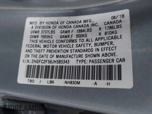 2018 Honda Civic LX with VIN 2HGFC2F56JH585343, listed as a IAAI auction lot 41558691 with 123,838 mi miles. Bid and sale history available at carsss.com. Image 9.