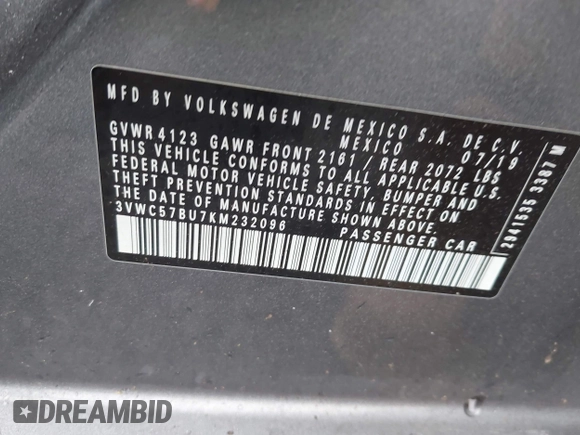 2019 Volkswagen Jetta S z VIN 3VWC57BU7KM232096, wystawiony jako IAAI lot #42317927 z przebiegiem 98 615 mil mil oraz . Historia ofert i sprzedaży dostępna na DreamBid. Obrazek 9.