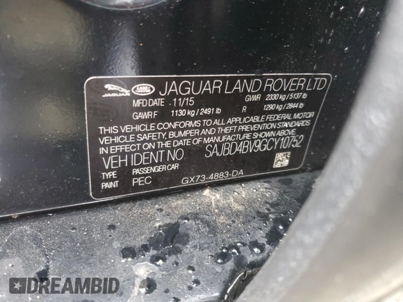 2016 Jaguar XF 35t Premium with VIN SAJBD4BV9GCY10752, listed as a Copart auction lot 44210255 with 103,745 mi miles and Salvage Title. Bid and sale history available at carsss.com. Image 12.