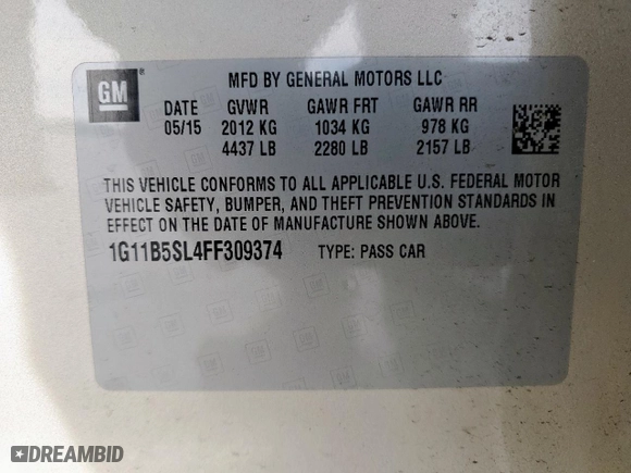 2015 Chevrolet Malibu LS with VIN 1G11B5SL4FF309374, listed as a Copart auction lot 49264385 with 66,076 mi miles and Salvage Title. Bid and sale history available at carsss.com. Image 13.