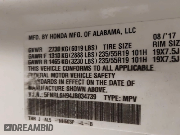 2018 Honda Odyssey Elite with VIN 5FNRL6H94JB034739, listed as a IAAI auction lot 41242506 with 96,982 mi miles and . Bid and sale history available at DreamBid. Image 9.