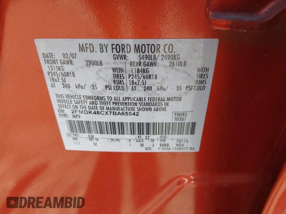2007 Ford Edge SEL with VIN 2FMDK48CX7BA65542, listed as a IAAI auction lot 42162639 with 192,105 mi miles. Bid and sale history available at carsss.com. Image 9.