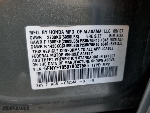 2007 Honda Pilot EX-L with VIN 5FNYF18597B027586, listed as a Copart auction lot 84272254 with 180,892 mi miles and Salvage Title. Bid and sale history available at carsss.com. Image 13.