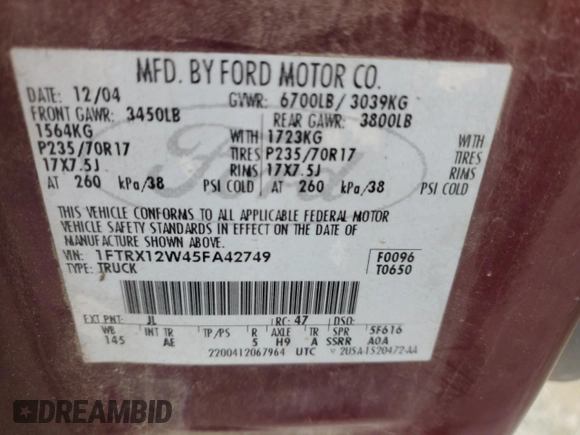 2005 Ford F-150 STX with VIN 1FTRX12W45FA42749, listed as a Copart auction lot 58972175 with Not provided miles and Non repairable. Bid and sale history available at DreamBid. Image 12.