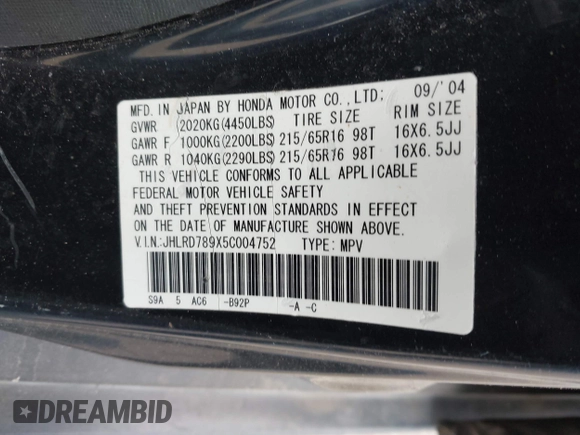 2005 Honda CR-V EX SE with VIN JHLRD789X5C004752, listed as a IAAI auction lot 42057724 with 243,631 mi miles. Bid and sale history available at carsss.com. Image 9.