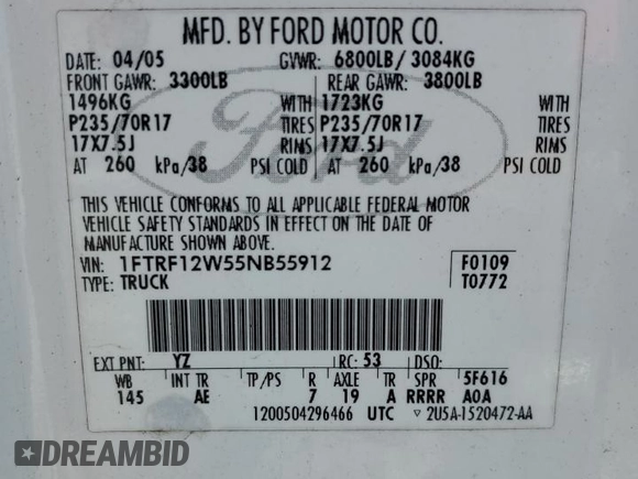 2005 Ford F-150 XL with VIN 1FTRF12W55NB55912, listed as a Copart auction lot 73180894 with 154,232 mi miles and Salvage Title. Bid and sale history available at carsss.com. Image 12.