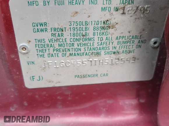 1996 Subaru Impreza with VIN JF1GC4557TH512593, listed as a Copart auction lot 74099464 with 112,437 mi miles and Salvage title. Bid and sale history available at DreamBid. Image 12.