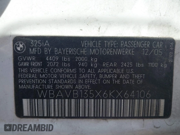 2006 BMW 3 Series 325i with VIN WBAVB135X6KX64106, listed as a IAAI auction lot 41965946 with 1 mi miles. Bid and sale history available at carsss.com. Image 9.