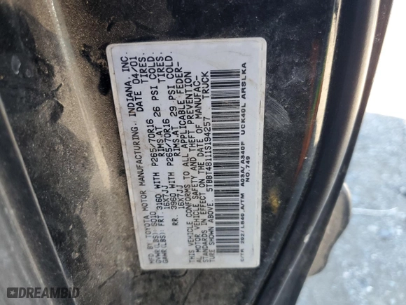 2001 Toyota Tundra Ltd with VIN 5TBBT48111S194257, listed as a Copart auction lot 45520555 with 318,665 mi miles and Salvage Title. Bid and sale history available at carsss.com. Image 12.