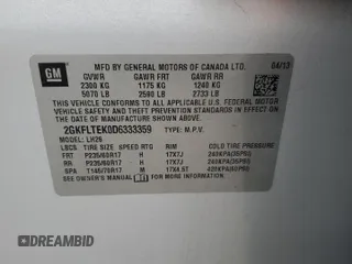 2013 GMC Terrain SLE with VIN 2GKFLTEK0D6333359, listed as a Copart auction lot 59550245 with 215,701 mi miles and Salvage title. Bid and sale history available at DreamBid. Image 13.