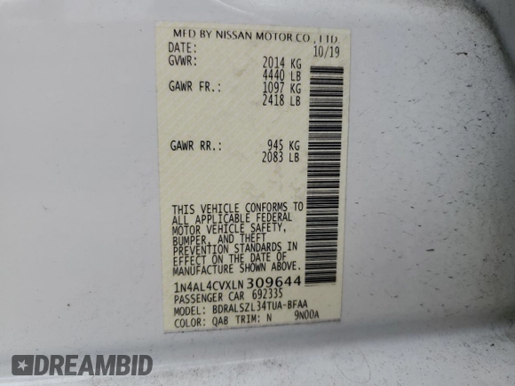 2020 Nissan Altima SR with VIN 1N4AL4CVXLN309644, listed as a Copart auction lot 43549275 with 75,653 mi miles and Salvage Title. Bid and sale history available at carsss.com. Image 13.