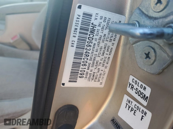 1994 Honda Accord LX с VIN JHMCD5634RC061099, выставлен на аукционе Copart как лот 83488354 с пробегом 208 488 миль миль и Списание • Salvage title. История ставок и продаж доступна на DreamBid. Изображение 14.