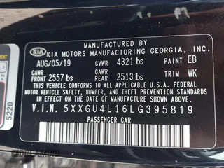 2020 Kia Optima EX Premium with VIN 5XXGU4L16LG395819, listed as a IAAI auction lot 41713909 with 72,096 mi miles. Bid and sale history available at carsss.com. Image 9.