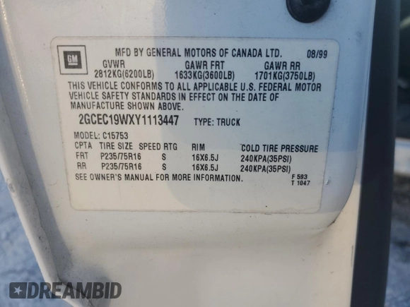 2000 Chevrolet Silverado 1500 with VIN 2GCEC19WXY1113447, listed as a Copart auction lot 77107304 with 242,406 mi miles and Salvage Title. Bid and sale history available at DreamBid. Image 12.